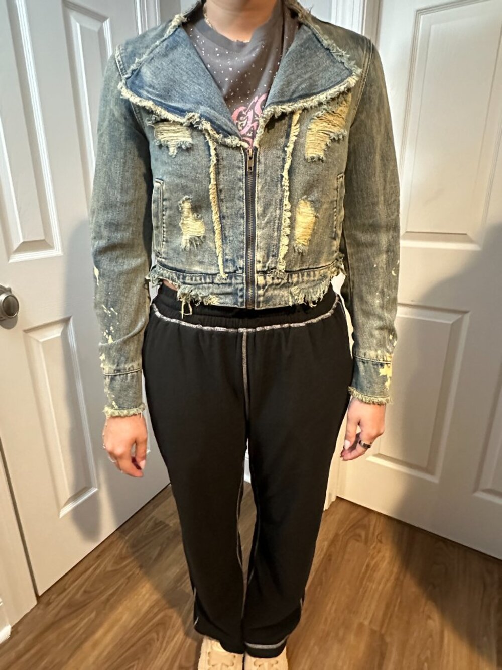 Distressed Cropped Upcycled Rolling Stones Keith Richards Jean Jacket - Picture 5 of 7